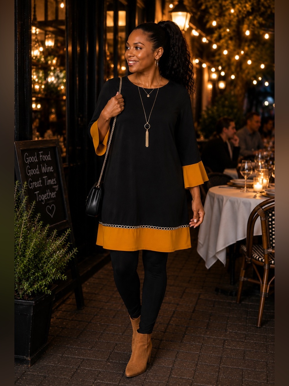 MSK Black and Mustard Trim Long Sleeve Shift Dress